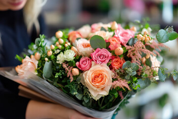 Sticker - A woman is holding a bouquet of flowers