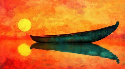 Wall Mural - Serene sunset over tranquil waters with a solitary boat reflecting golden hues