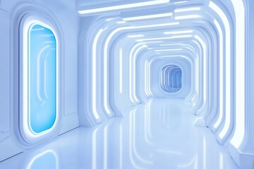 Poster - Futuristic corridor, glowing blue, sleek design, empty, sci-fi setting