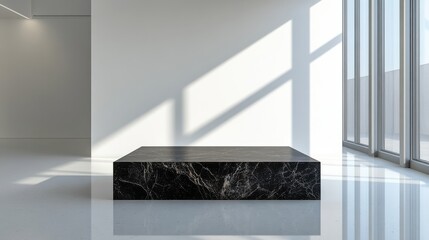 Wall Mural - Black marble table positioned in a bright white room with natural light and minimal decor