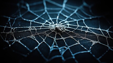 Close-up of a spiderweb with intricate details and dark background.
