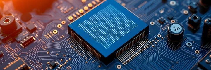 stock photo An overhead close-up of a blue microprocessor chip on a dark blue motherboard. The chip shows a grid of tiny white dots, surrounded by components and solder.