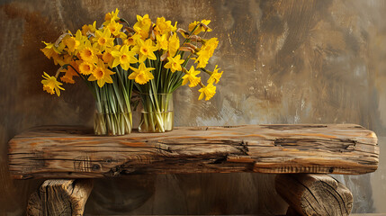 Canvas Print - Rustic Wooden Bench with Yellow Daffodils in Glass Vases