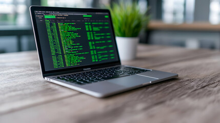 Laptop coding project, office desk, plant, technology