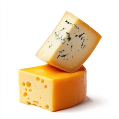 two wedges of cheese, one with blue veins and one with holes, isolated on a white background