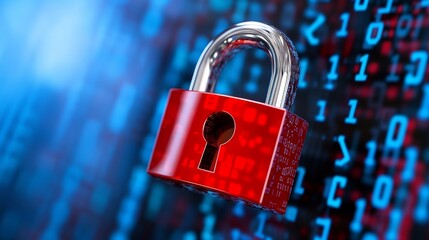 red padlock, digital security, binary code background, data protection