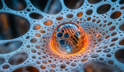 A vibrant close-up of a water droplet suspended in a web of bubbles, showcasing intricate patterns and reflections.