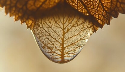 Wall Mural - A close-up of a droplet of water resting on a leaf, showcasing intricate patterns resembling a leaf's veins inside the droplet.