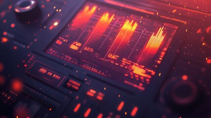 Futuristic interface with red glowing data graphs.