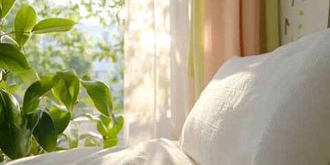 Sticker - Sunlit bedroom, plant, morning light. Peaceful home interior