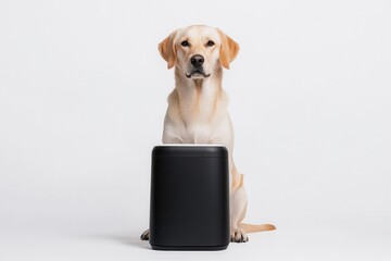 Wall Mural - Smart pet technology combines automation and intelligence. Labrador retriever sitting next to a black bag on a white background.