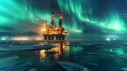Poster - An oil rig stands majestically against the backdrop of colorful northern lights in the Arctic. Ice floats gently in the water, reflecting the bright hues of green and purple.