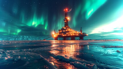 Poster - An oil rig stands majestically in a frozen area, illuminated by warm lights while the northern lights dance above in an array of colors during nightfall.