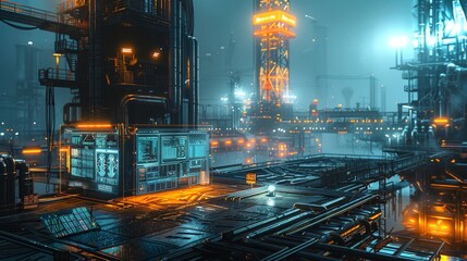 Fototapete - An advanced industrial area showcases towering structures with neon highlights, intricate machinery, and glowing screens, reflecting a high tech urban vibe during nighttime.