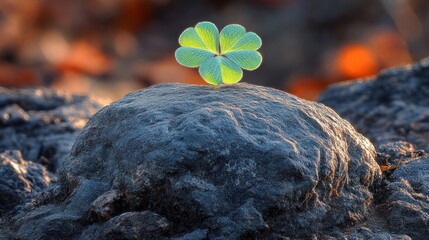 Wall Mural - Four-leaf clover sprouting, volcanic rock, sunrise, resilience, hope