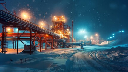 Aufkleber - A large industrial complex stands amidst deep snow, featuring pipelines and structures glowing under bright artificial lights during a wintry night.