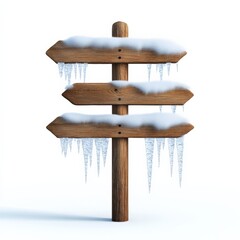 Wall Mural - a wooden signpost covered in snow and icicles, isolated on a white background.