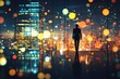 © Fahyn - Silhouette of a Businessman Overlooking a Vibrant City Skyline with Colorful Bokeh Lights and Reflective Glass Windows at Night