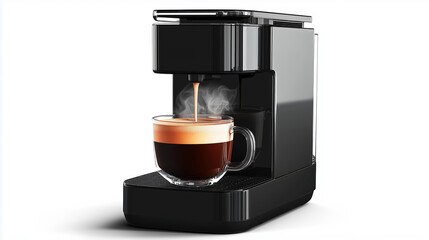 Coffee machine pouring a fresh cup of coffee into a large glass mug, steam rising, vibrant and rich aroma, isolated on a white background