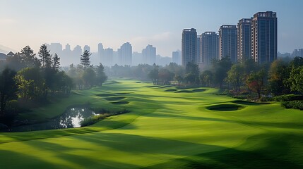 Wall Mural - Misty golf course sunrise, city skyline backdrop