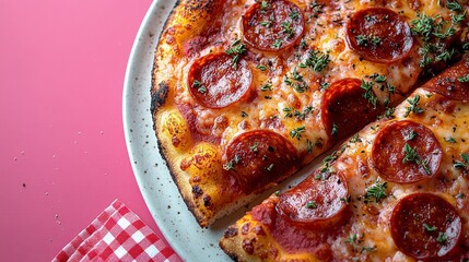 Wall Mural - Delicious pepperoni pizza served on a white plate with fresh basil and herbs