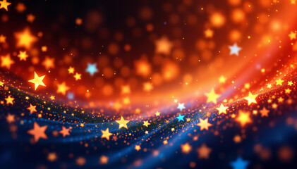 Wall Mural - A vibrant background featuring a blend of orange and blue hues with scattered stars in various sizes. The stars include both yellow and blue colors, creating a whimsical, sparkling effect against a s