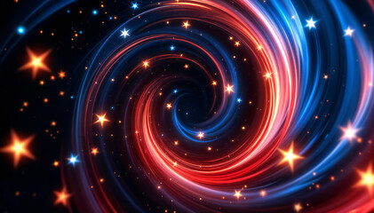 Wall Mural - A swirling vortex of vibrant colors, primarily red and blue, with sparkling stars scattered throughout. The design creates a sense of movement and depth, resembling a cosmic scene with swirling clouds