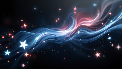 Wall Mural - A swirling pattern of light in shades of blue and red , interspersed with small stars and sparkles against a dark background . The flowing lines create a sense of movement and depth 