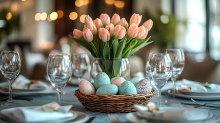 Wall Mural - Elegant spring table setting with pink tulips and pastel decorations for a festive gathering