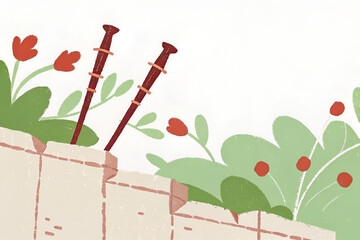 Stylized illustration of two wooden tools among colorful flowers in a minimalistic garden setting