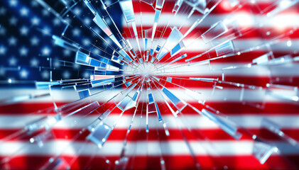 Wall Mural - A shattered glass effect revealing the American flag in the background. The flag features red and white stripes with a blue field containing white stars. The shards of glass radiate outward from the c