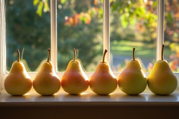 Wall Mural - Vibrant pears lined up on a windowsill during autumn light