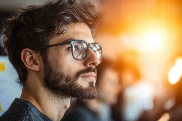 Young Man with Glasses in Thoughtful Expression with Warm Lighting