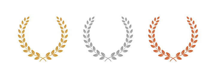 Wall Mural - gold, silver, bronze laurel wreaths. winner medal award set vector illustration. victory symbol, tri