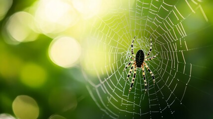A spider's shape can be seen in its web, which is in front of a green background that is out of focus. The image is clear and sharp.