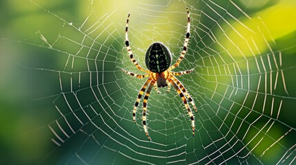 A spider's shape can be seen in its web, which is in front of a green background that is out of focus. The image is clear and sharp.