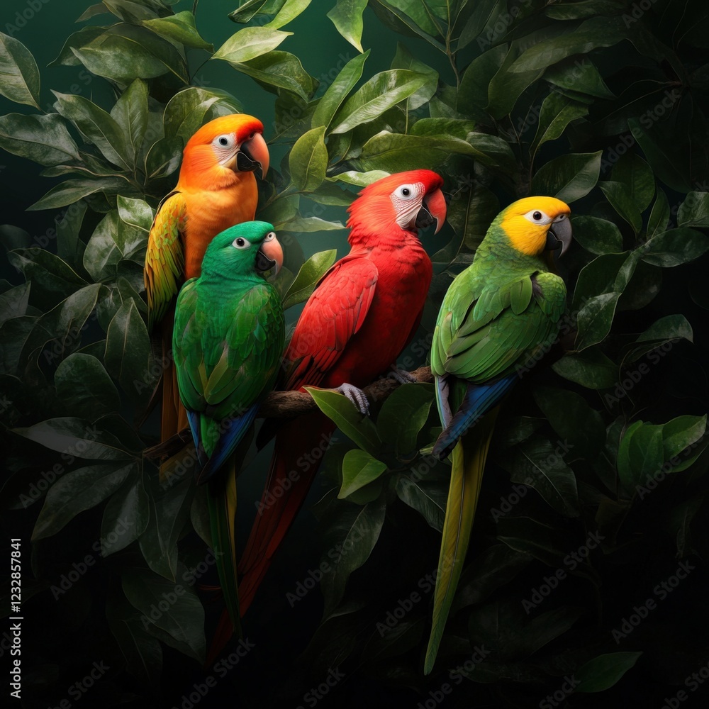 four colorful parrots perched on a branch in a lush tropical rainforest ...