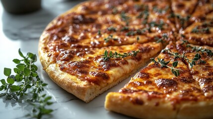 Wall Mural - Delicious cheese pizza topped with herbs on a marble surface ready to be served