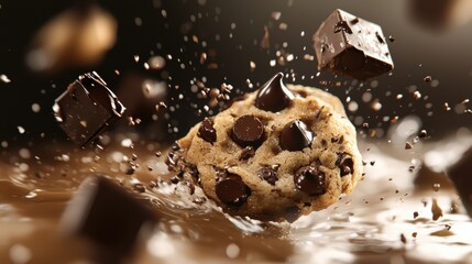 Chocolate chip cookie falling into a pool of melted chocolate. the cookie is in the center of the image, with the chocolate chips scattered around it.