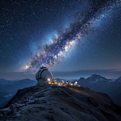 Wall Mural - capture the majestic sight of a large space observatory perched atop a mountain peak, with telescope
