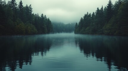 Wall Mural - Misty morning reflections on a tranquil lake surrounded by dense forested mountains