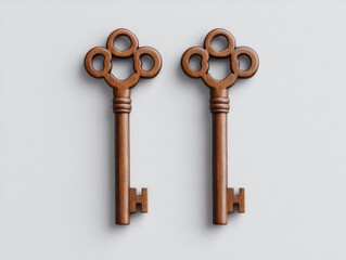 two antique wooden keys on a gray background