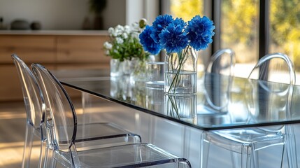 Wall Mural - Elegant modern dining room with glass table and unique seating arrangement in serene garden view