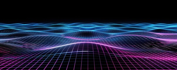 Digital waves of neon blue and purple forming a grid-like futuristic landscape