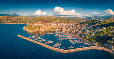 Wall Mural - Exciting morning view from flying drone of Agropoli port. Spectacular summer seascape of Mediterranean sea. Traveling concept background.