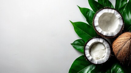 Wall Mural - Halved Coconuts with Lush Green Leaves on White Background