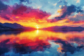 Wall Mural - Beautiful sunset over calm water reflecting vibrant colors in the sky