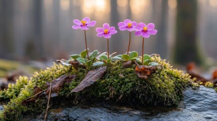 Wall Mural - Pink wildflowers blooming on mossy rock, forest sunrise, nature poster