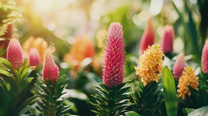 Sticker - Vibrant Pink and Yellow Bromeliad Flowers Blooming in Sunlight