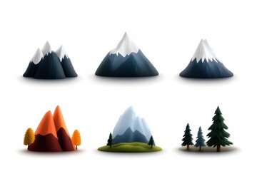 3d render set of low poly mountains with snow caps, fall foliage, and evergreen trees